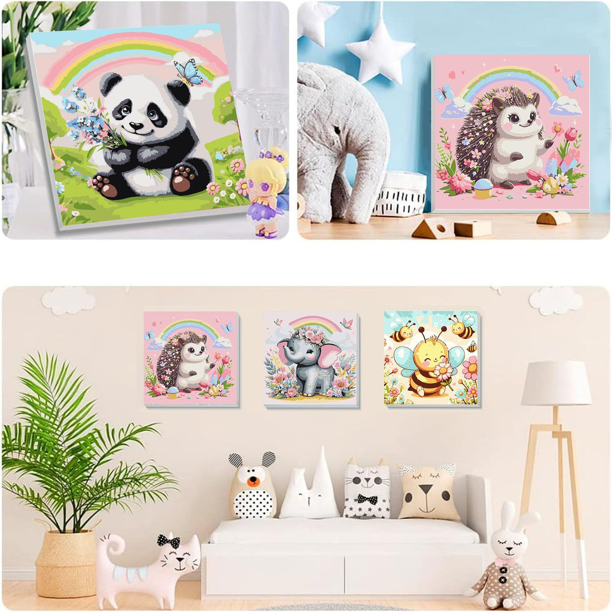 4 Pack Animal Paint by Number for Kids with Wooden Frame, Paint by Numbers for Kids Animals Ages 4-8-12, Easy Elephant Panda Bee Hedgehog DIY Acrylic Oil Painting Kits for Home Wall Decor (8X8 inch) xackcme