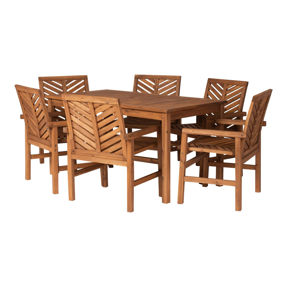 Walker Edison 6 Person Outdoor Wood Chevron Patio Furniture Dining Set Table Chairs All Weather Backyard Conversation Garden Poolside Balcony, 7 Piece, Brown Walker Edison