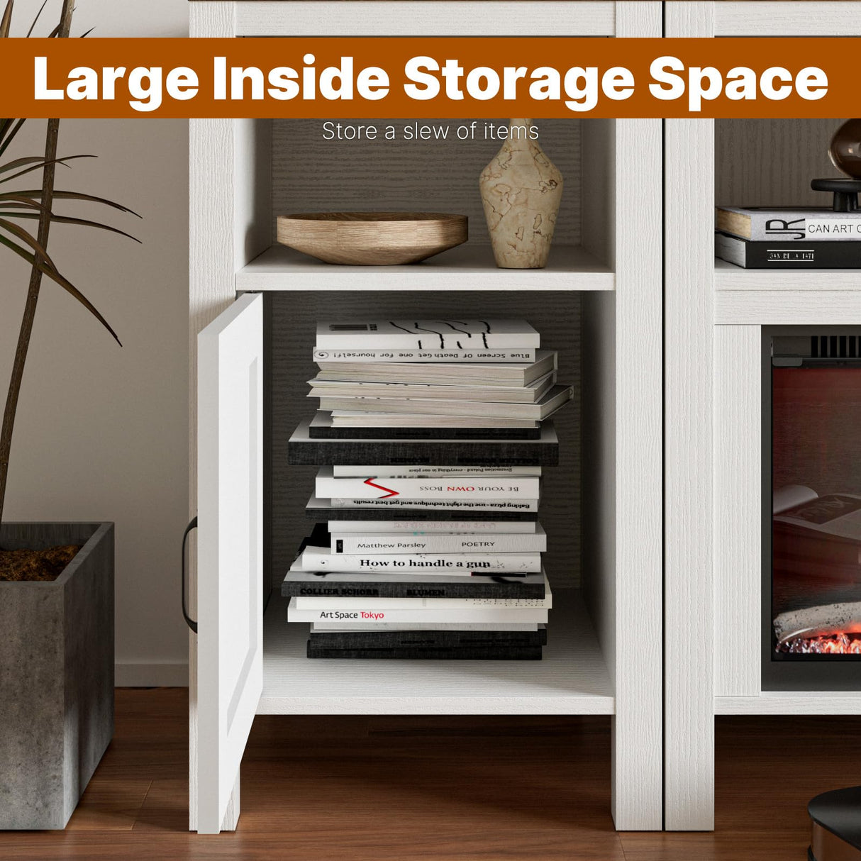 BVIUNTWO Fireplace TV Stand for TVs Up to 110 Inch,Farmhouse Entertainment Center with 60" Electric Fireplace,White TV Console with Storage Cabinets for Living Room,Bedroom BVIUNTWO