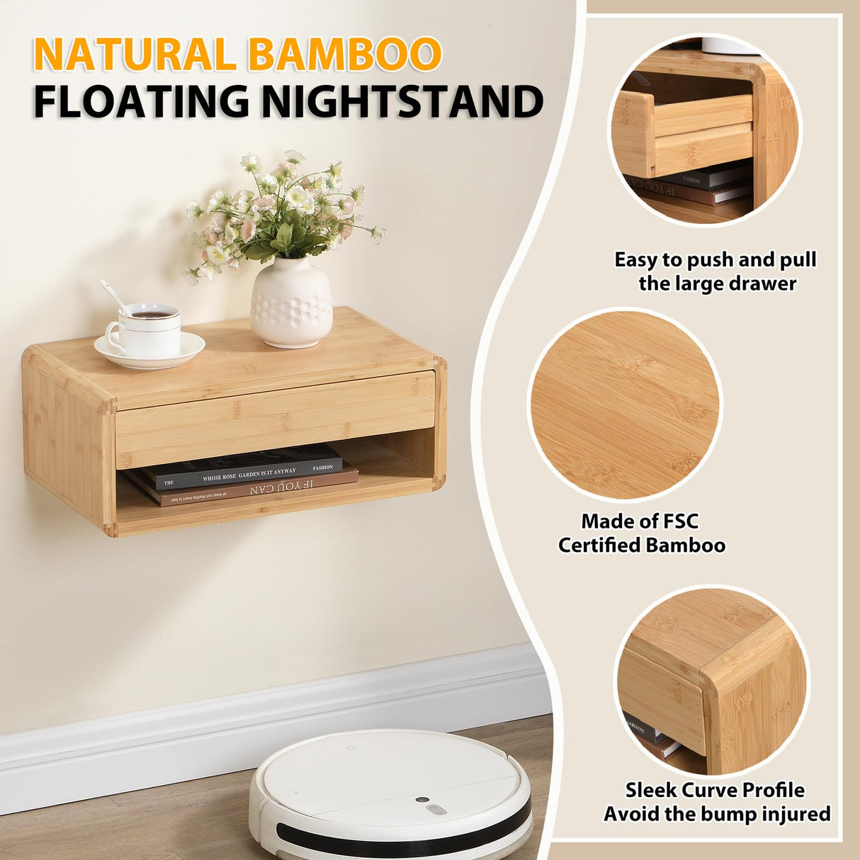 GugiNest Bamboo Floating Nightstand with Storage Drawer, Fully Assembled Wall Mounted Bedside Table with Open Shelf, Modern End Table for Bedroom, Natural GugiNest