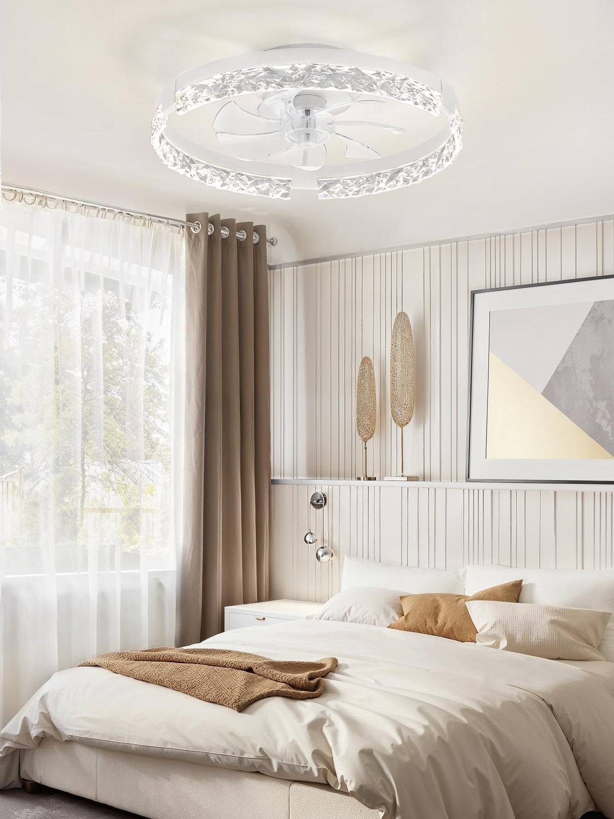 LEDIARY 20 Inch Low Profile Ceiling Fans with Lights and Remote, Fandelier Ceiling Fan Flush Mount, 3000K-6000K Dimmable LED Fan Light, White Modern Ceiling Fans with Lights for Bedroom LEDIARY