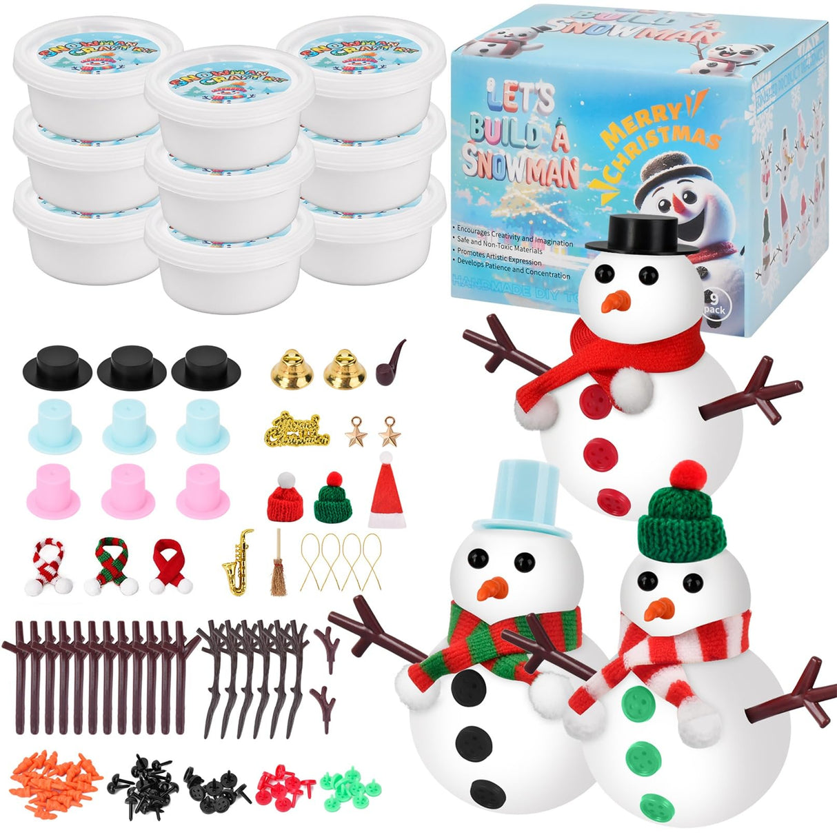 Ariepoue Christmas Stocking Stuffers for Kids Teen Boys Girls - 9 Pack Build Snowman Kit Christmas Crafts Gifts for Kids Creative Air Dry Modeling Clay Xmas Gift Birthday Gifts Ariepoue