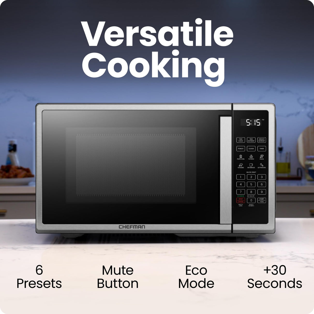 Chefman Countertop Microwave Oven 1.1 Cu. Ft. Digital Stainless Steel Microwave 1000 Watts with 6 Auto Menus, 10 Power Levels, Eco Mode, Memory, Mute Function, Child Safety Lock, Easy Clean Chefman