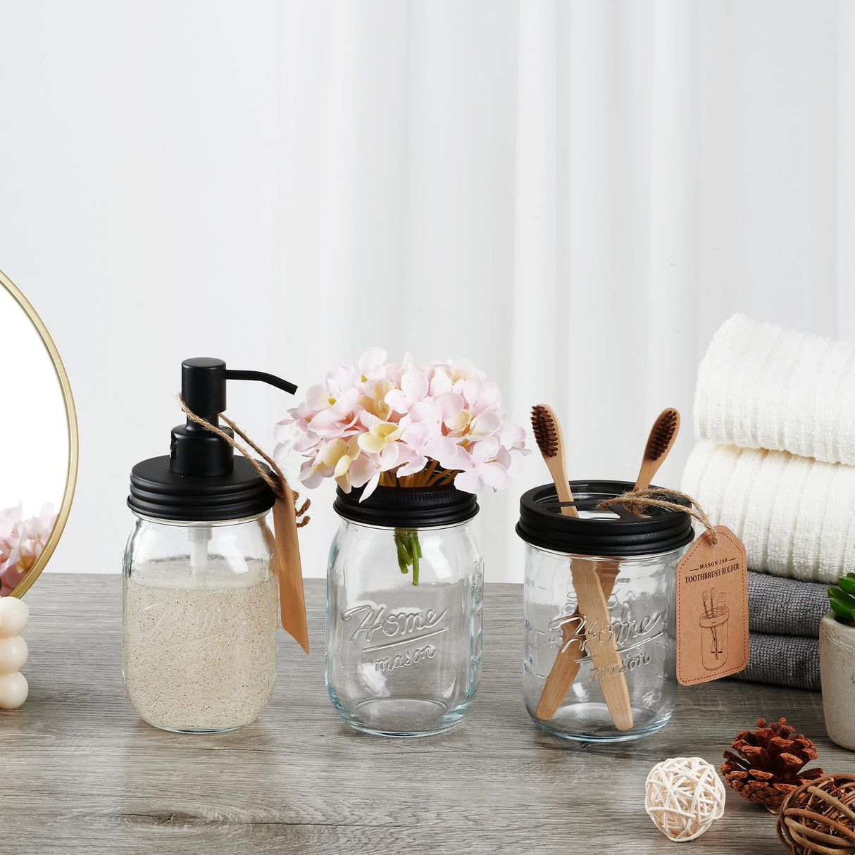 SheeChung Mason Jar Bathroom Accessories Set, 2Pcs Glass Bathroom Accessory Set, Soap Dispenser, Toothbrush Holder, Bathroom Decor, Rustic Farmhouse Decor - Black SheeChung