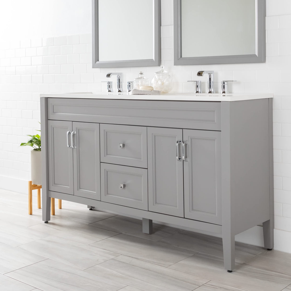 Spring Mill Cabinets Vadin 60 Inch Double-Sink Bathroom Vanity with White Top, 2 Soft-Close Drawers, 2 Cabinets, 60.5" W x 18.75" D x 35.43" H, Sterling Gray Spring Mill Cabinets