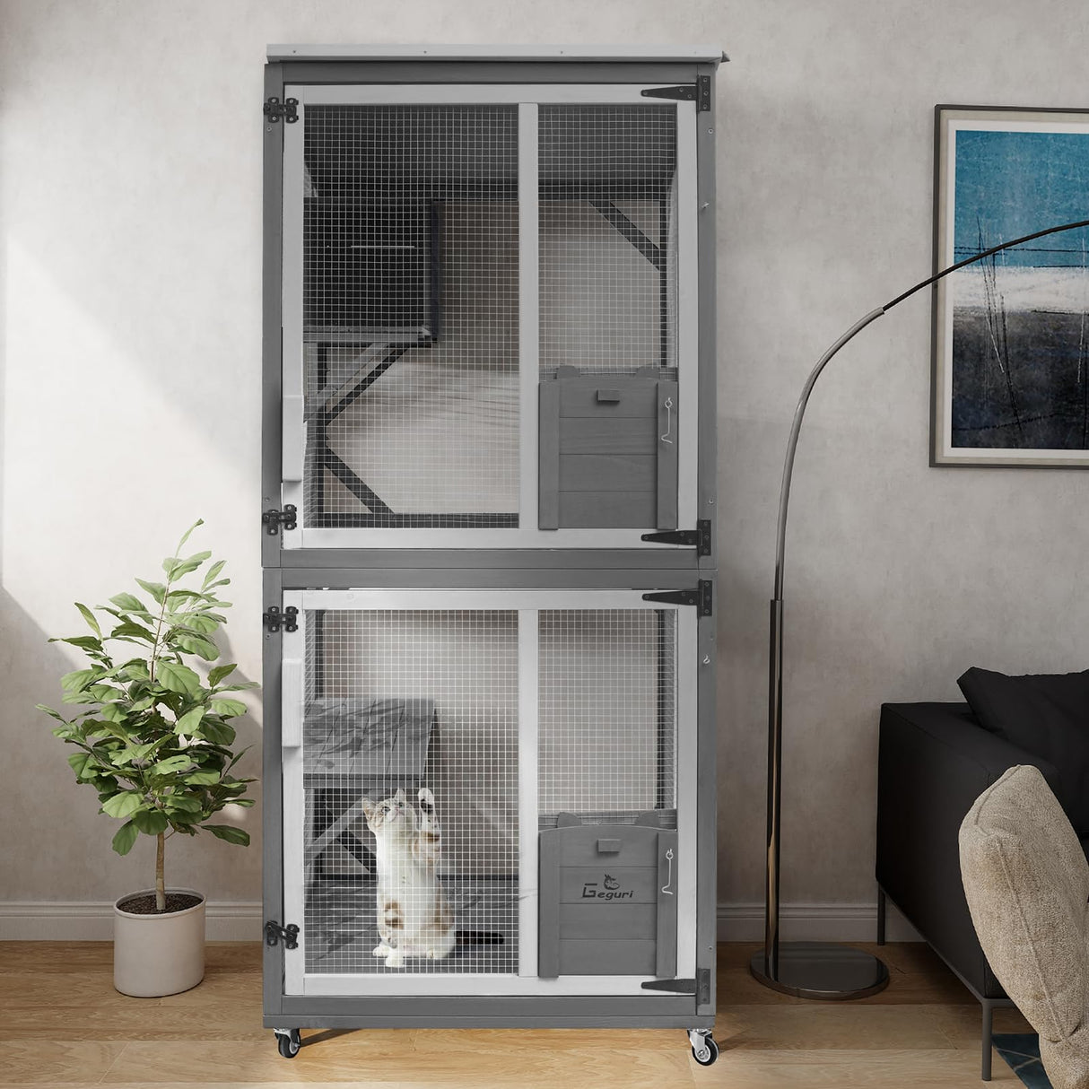 GEGURI Cat Catio Outdoor Cat Enclosure, Large Wooden Kitten Patio Indoor with Upgraded Resting Box, Waterproof Roof GEGURI