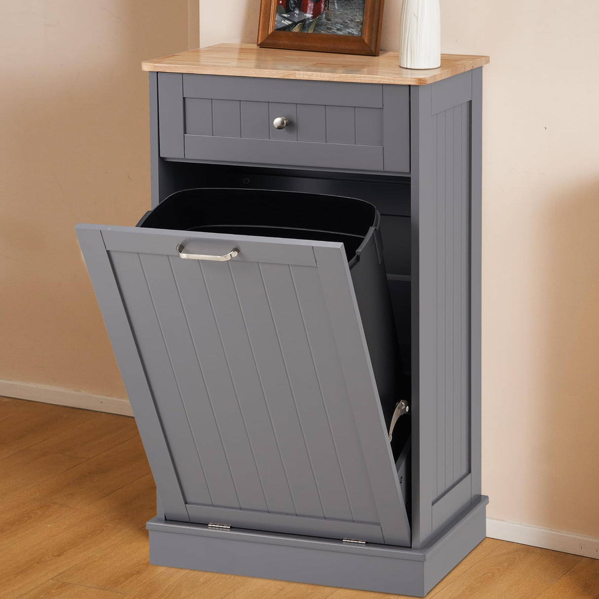 AHB 13 Gallons Tilt Out Trash Cabinet, Hidden Trash Can Kitchen Wooden Tilt Out Pet Proof Hidden Trash Bin for Kitchen Living Room,Grey AHB