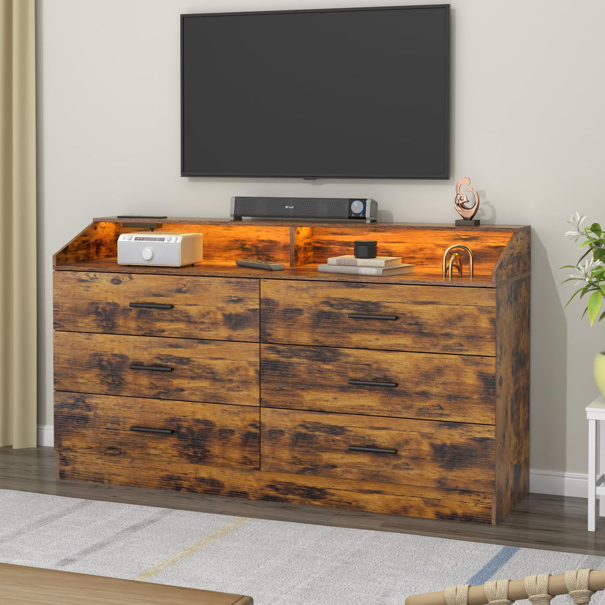 Gyfimoie 6 Drawer Dresser with Power Outlet, Chest of Drawers with LED Light, Modern Dresser with Open Storage Cubby, Double Wide Dresser Organizer for Bedroom, Living Room, Entryway, Hallway Gyfimoie