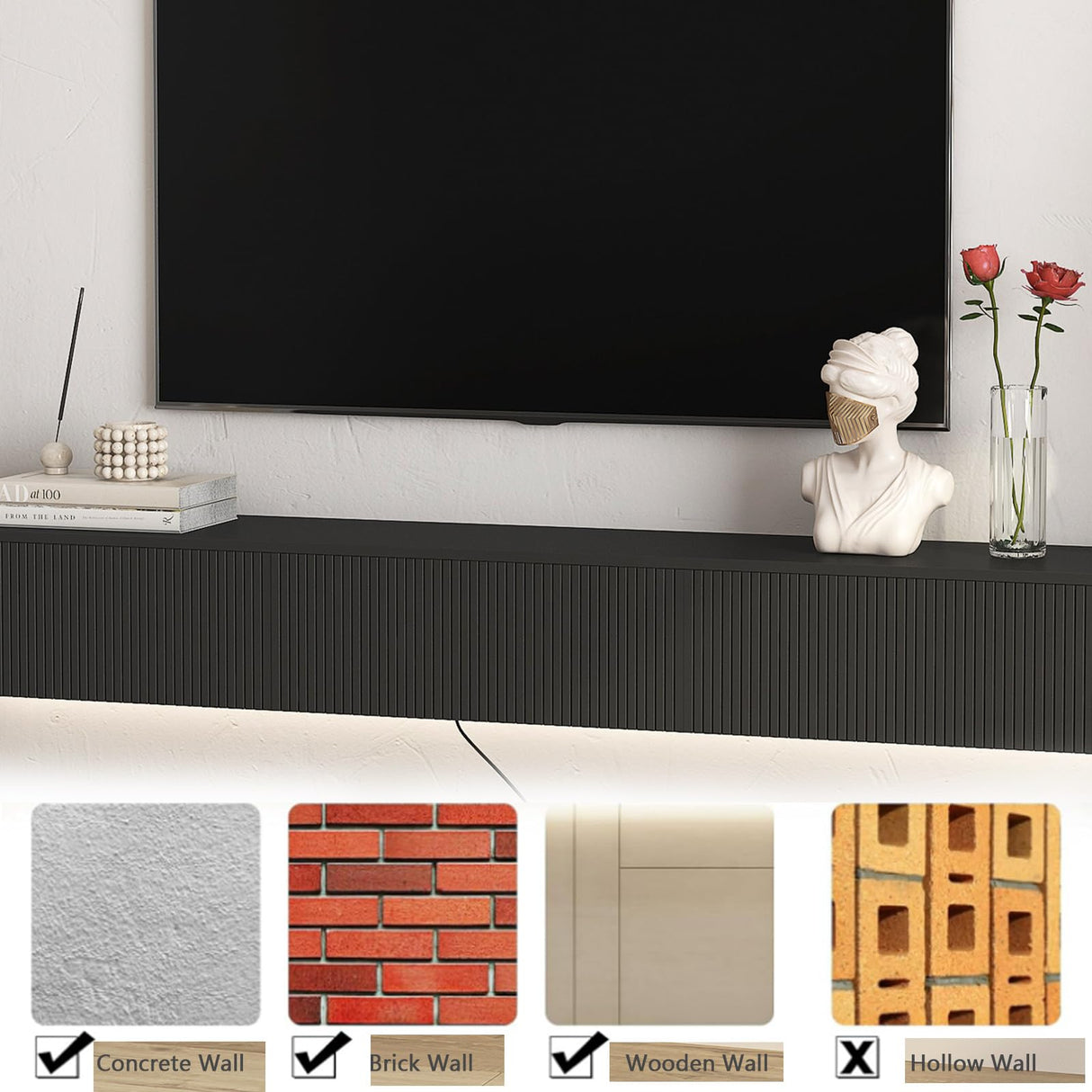 Resenkos Floating TV Stand, Wall Mounted TV Shelf with Led Lights & Power Outlet, Modern Entertainment Center with Storage, 68.8'' Media Console TV Stands for Living Room, Bedroom, Black Resenkos