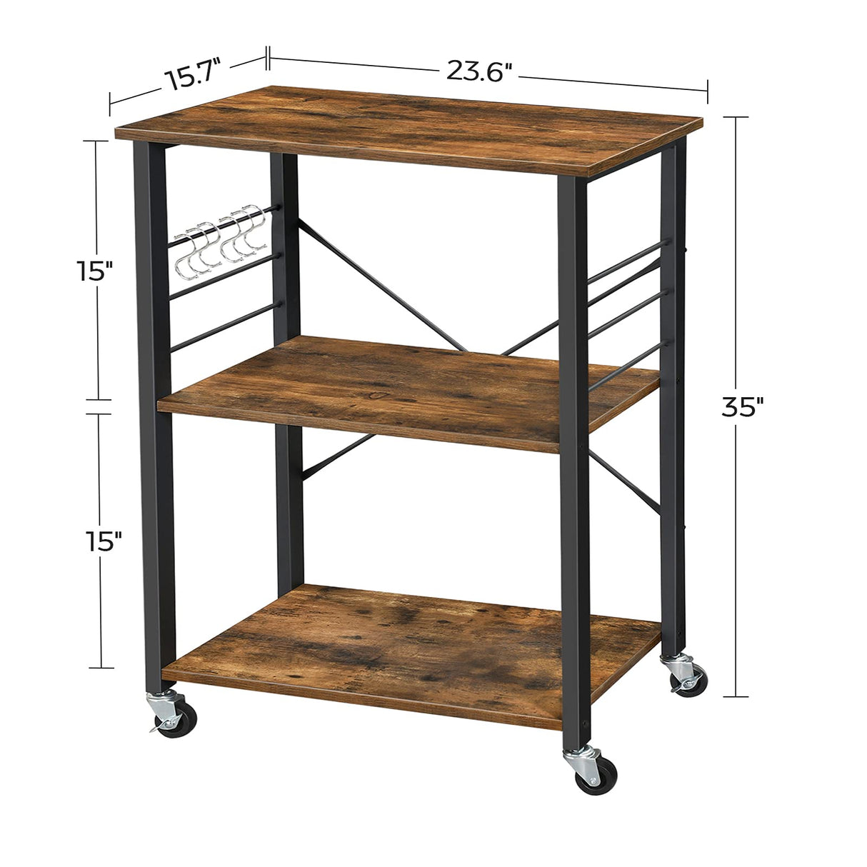 VASAGLE Kitchen Shelf on Wheels, Serving Cart with 3 Shelves, Kitchen Cart, Microwave Shelf, for Mini Oven, Toaster, with 6 Hooks, Industrial Style, Rustic Brown and Black UKKS60XV1 VASAGLE