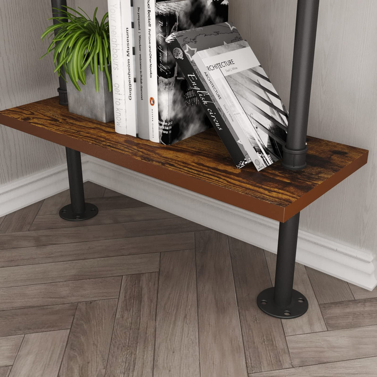 HOMEKAYT Industrial Pipe Shelf Rustic Wood Wall Shelf Ladder Bookshelf Wall Mounted Storage Decor Shelf for Home, Office, Living Room(6-Tier)-Black HOMEKAYT