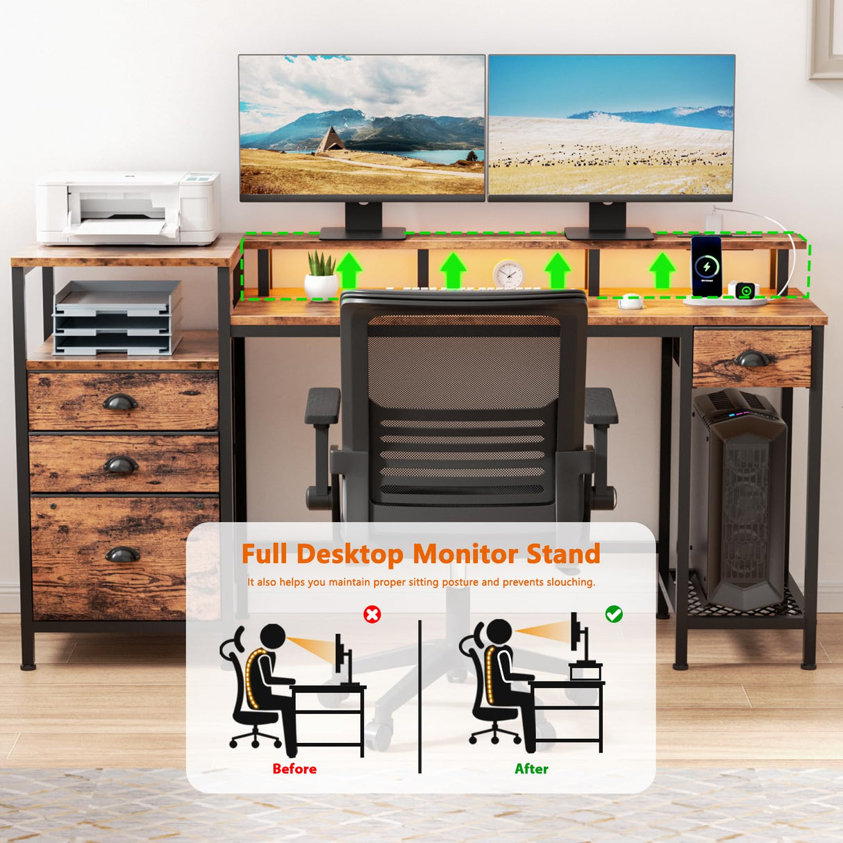 Furologee Computer Desk with Drawers, 60" Office Long Desk with Fabric File Cabinet and Power Outlets, Gaming Desk with LED Lights, Study Writing Work Desk for Home Office, Rustic Brown Furologee