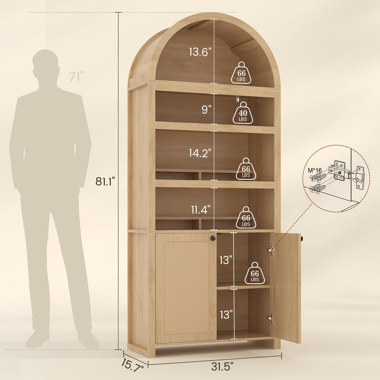 81" Tall Arched Cabinets,Bookcase with storage,Mid-Century Modern 6-Tier Bookshelf with Door,2 Book Risers and Adjustable Shelves offering more storage space for Living Room,Kitchen,Home Office,Oak UPOSOJA