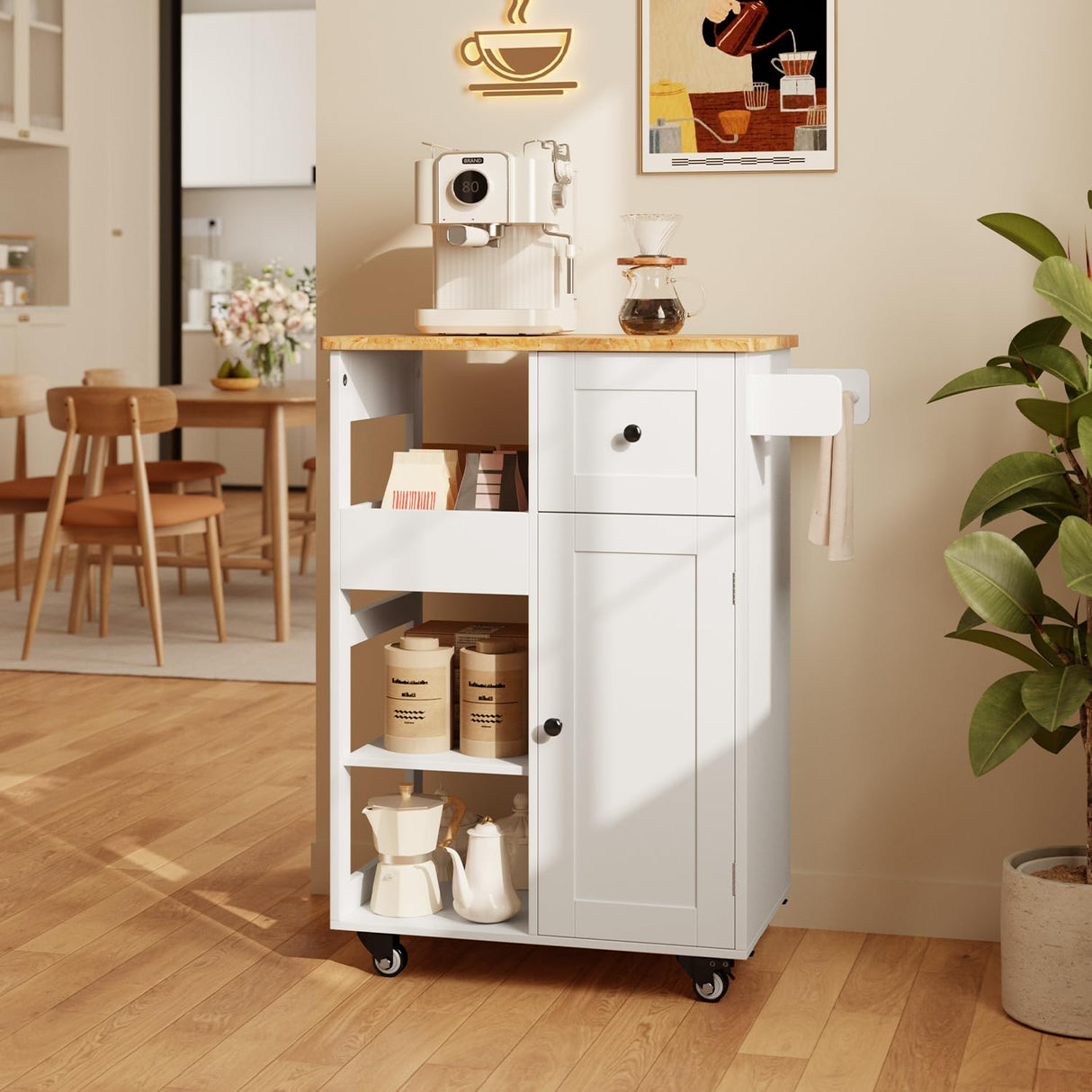 Gizoon Kitchen Island Cart on Wheels, with Thickened Wooden Countertop, Rolling Serving Utility Cart with Drawers and Doors, Bar Cart with Adjustable Shelf and Removable Tray for Dining Room, White Gizoon