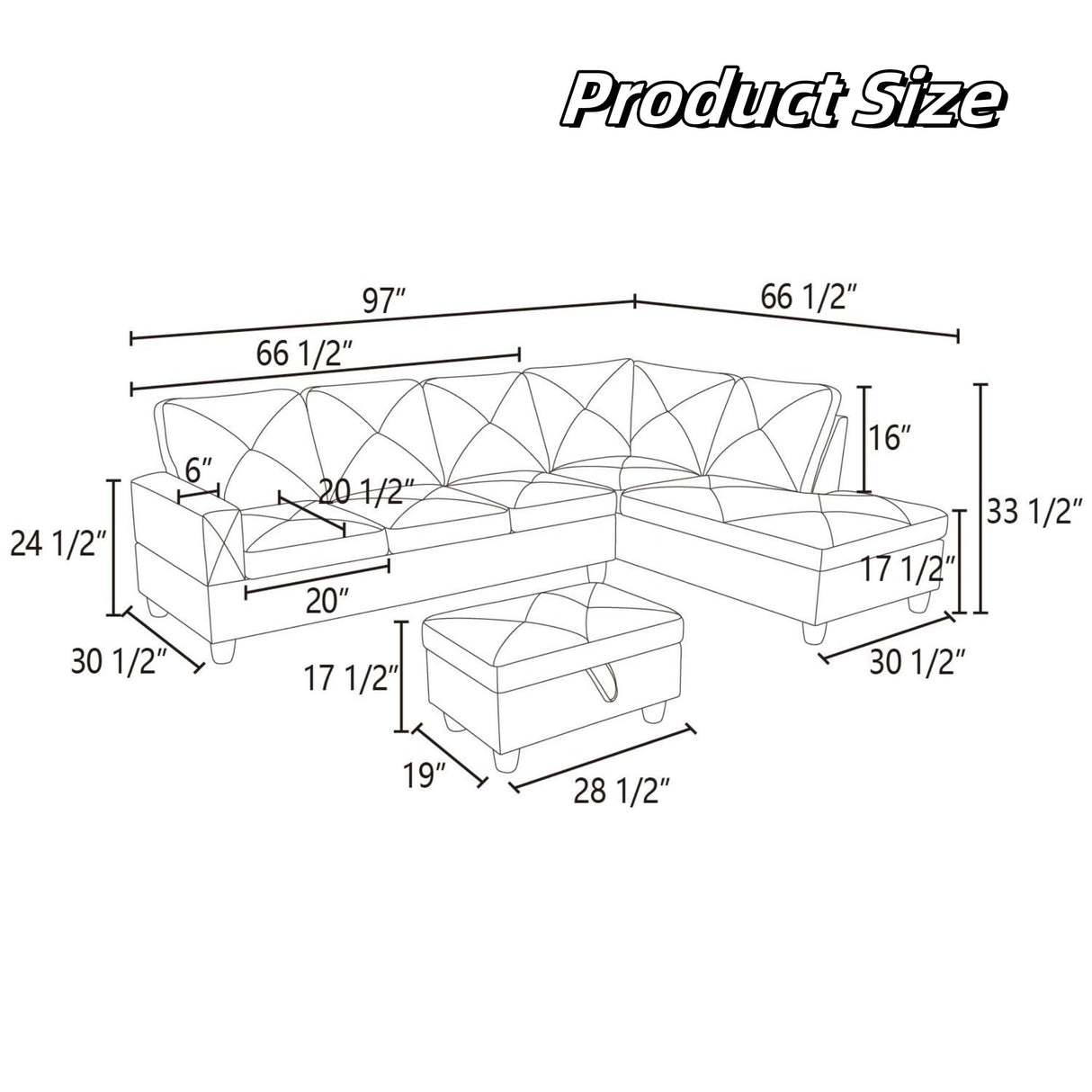 GlasFlength L Shaped Sectional Couches, Modern Convertible Lounge Leather Sofa with Ottoman Storage, Comfy Modular Sectional Sofa for Living Room Furniture Sets, Small Spaces, Black GlasFlength