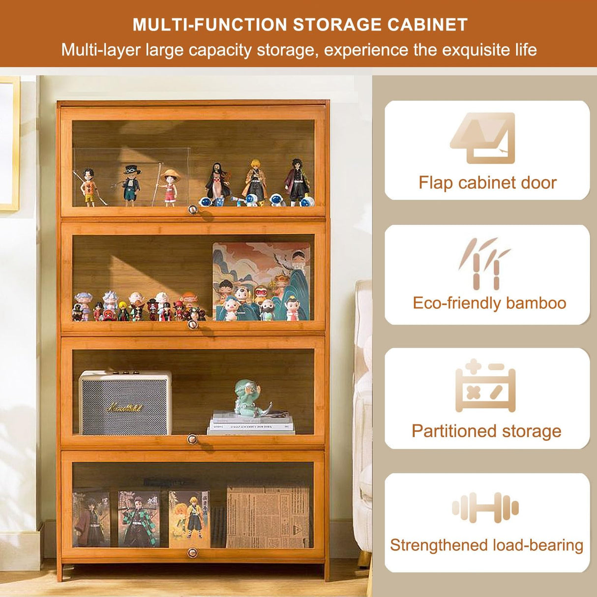 Curio Display Cabinet, 4-Tier Tall Bookcase with Acrylic Flip Door, Collectibles Toy Organizers Rack & Display Shelf, Bookshelf and Bookcase for Playroom, Bedroom, Office,Wooden,140×80cm/55×32in Generic