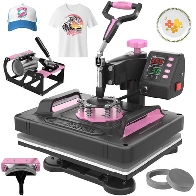 Seeutek Heat Press 5 in 1 Heat Press Machine 12x15 inch T Shirt Pressing Machine with 360 Degree Swing Away, Multifunction Heat Transfer Sublimation Combo for T Shirts Mugs Hat Plate Cap Pink
