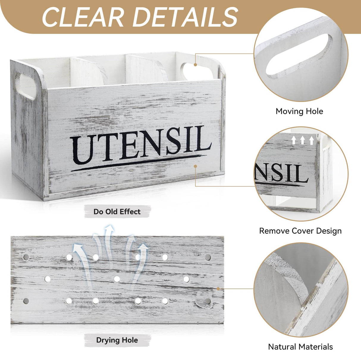 brekle White Kitchen Utensil Holder Rustic Large Wooden Utensil Organizer Cooking Tools Storage brekle