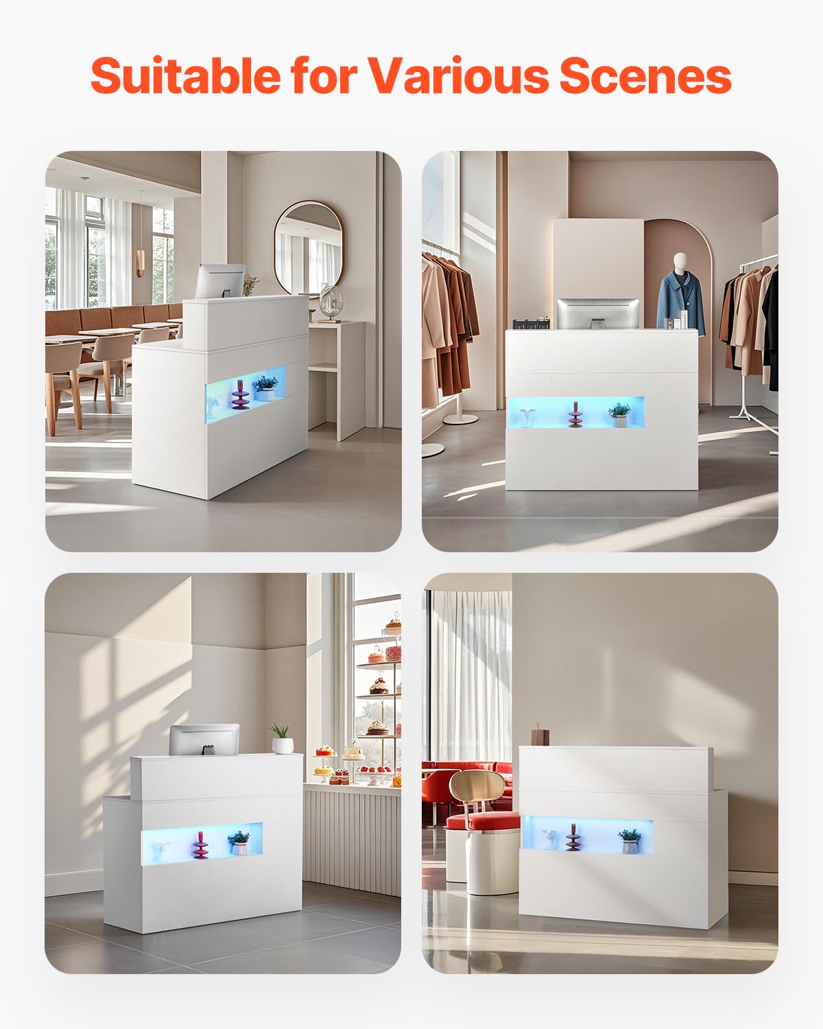 VEVOR Reception Desk, 47 Inch Rectangular Front Counter Table, Office Reception Desk with LED Light, 2 Drawers and Power Outlets, for Checkout, Lobby, Beauty Salon and Office, White VEVOR