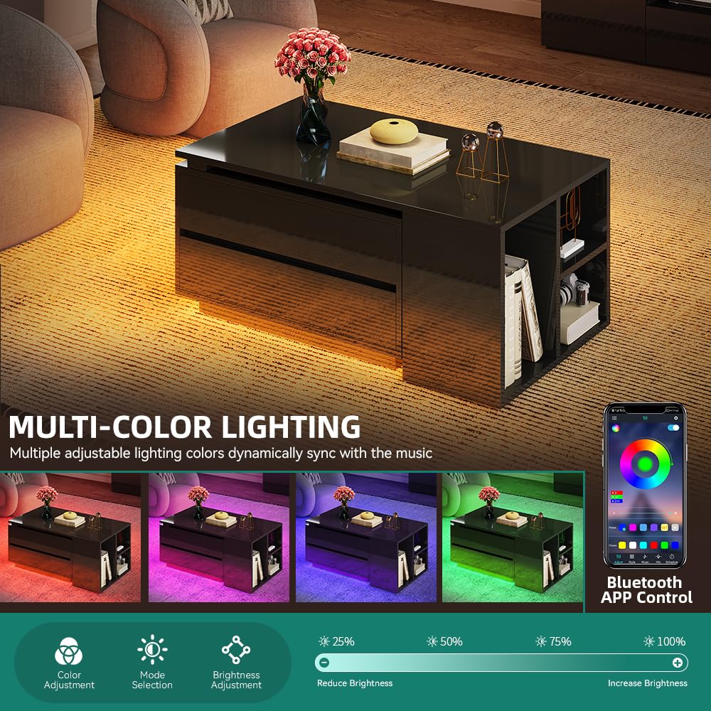 YITAHOME LED Coffee Table with Storage 4 Drawers, Modern Coffee Tables for Living Room, Wooden Rectangle Extendable Center Table with Open Shelves & Sliding Tabletop 35"- 61" for Home Office, Black YITAHOME