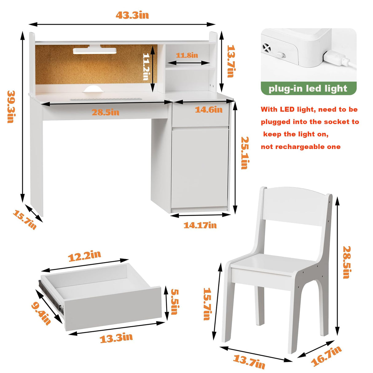 PAKASEPT Kids Desk and Chair Set,Kids Study Desk with 3-Color Lights(Not Rechargeable),Tiltable Desktop,Multi Functional Table for Kids 5-12,Student Writing Desk with Hutch,Storage Cabinet for Bedroom PAKASEPT