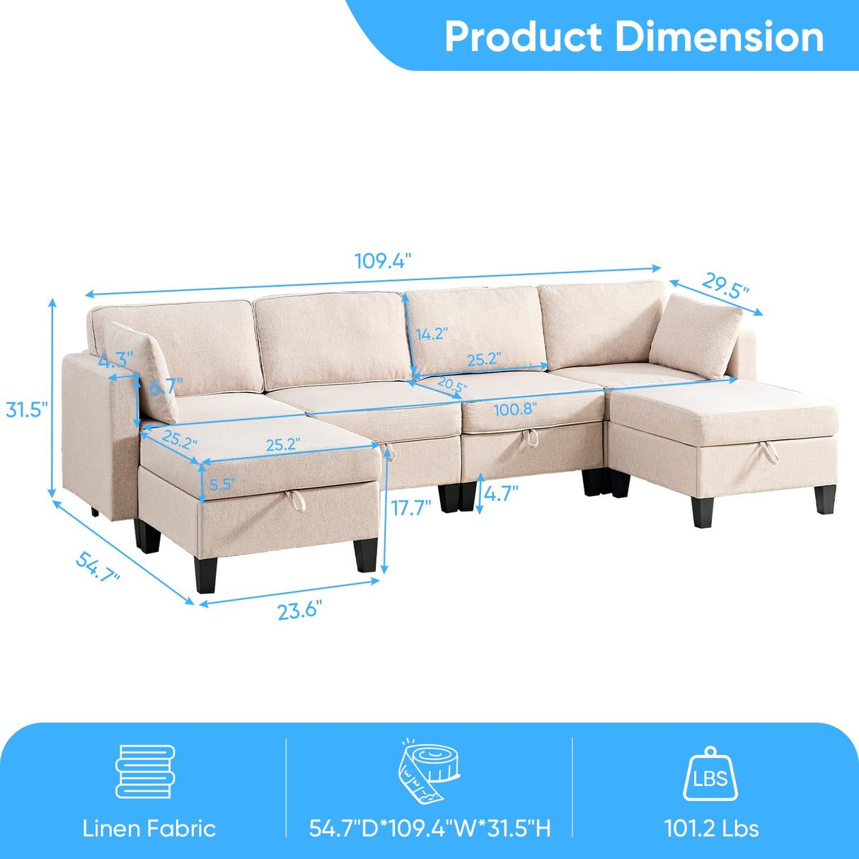 Mjkone 109" Width Modular U Shaped Sofa Couch with Storage, Convertible Sectional Couches for Living Room Sets Furniture with Reversible Chaise, 4 Seat Sofa Couch with Ottomans for Home Office, Beige Mjkone