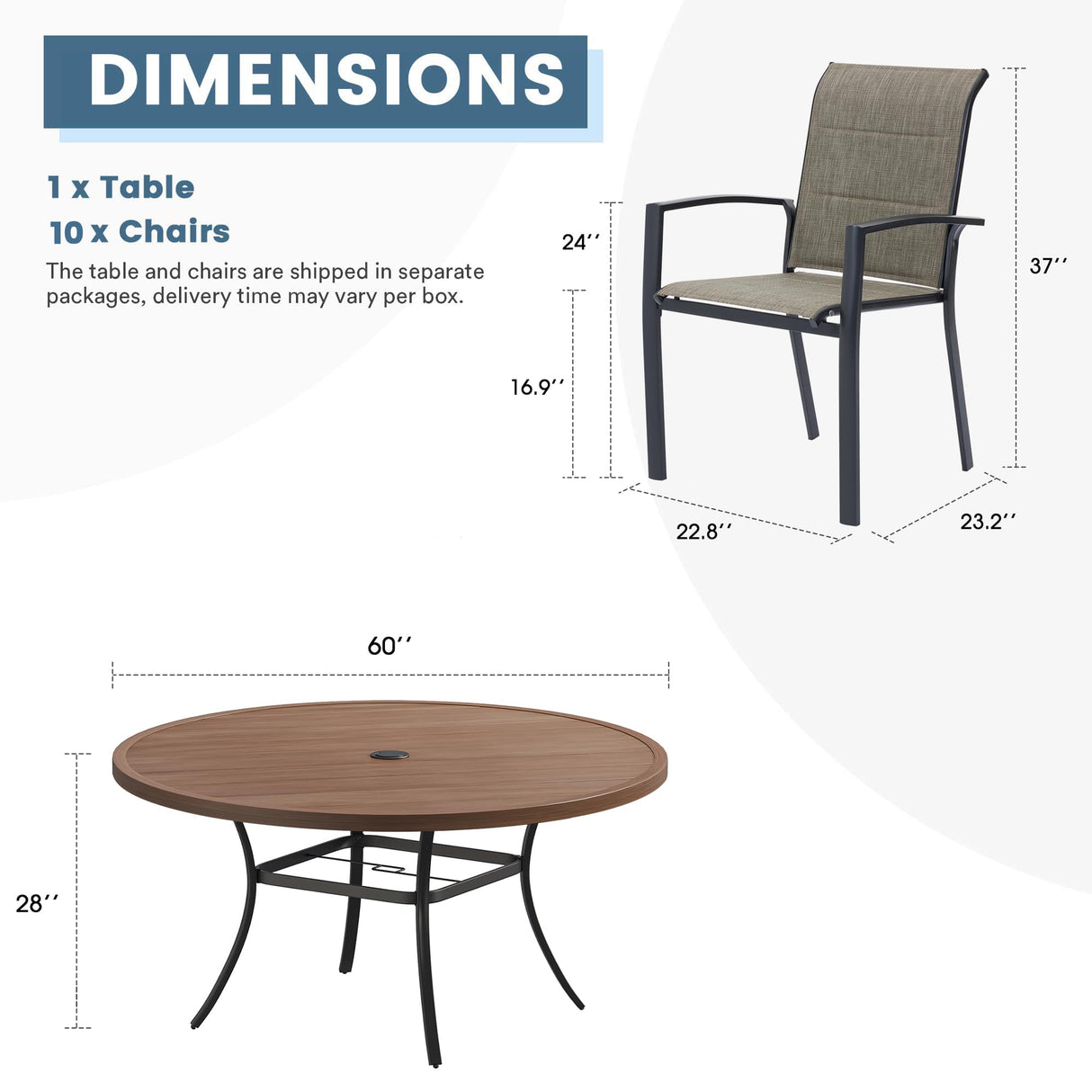 DIFY 11 Pieces Outdoor Patio Dining Set, 10 Brown Stackable Padded Textilene Dining Chairs and 60" Walnut Round Metal Dining Table, Outdoor Table and Chairs for Lawn Garden Backyard Deck DIFY
