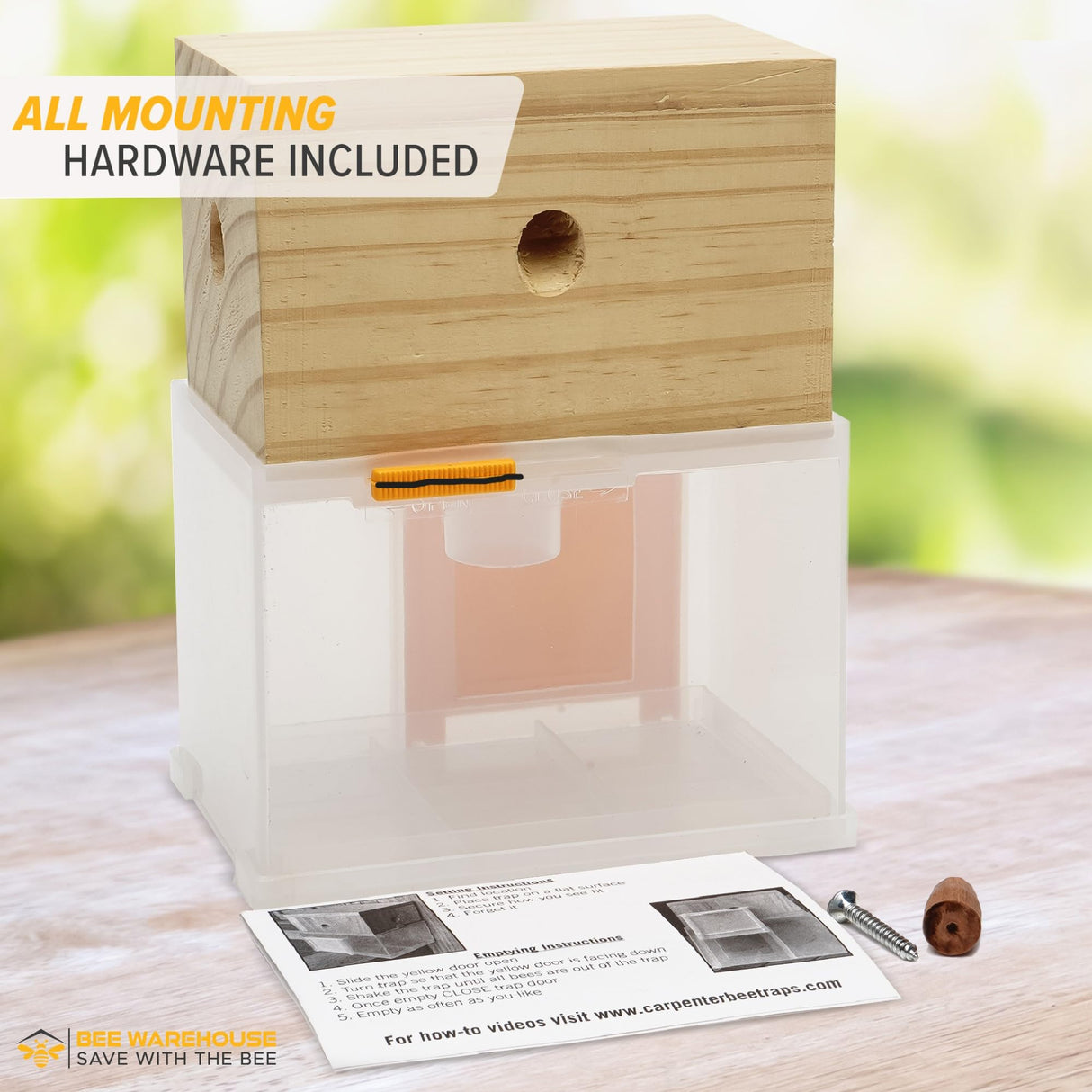 Bee Warehouse - Carpenter Bee Trap - Wood Boring Bee Trap - Unique Catch & Release Outdoor Carpenter Bee Trap - Includes Hanging Hardware & 5 Bee Dams Bee Warehouse