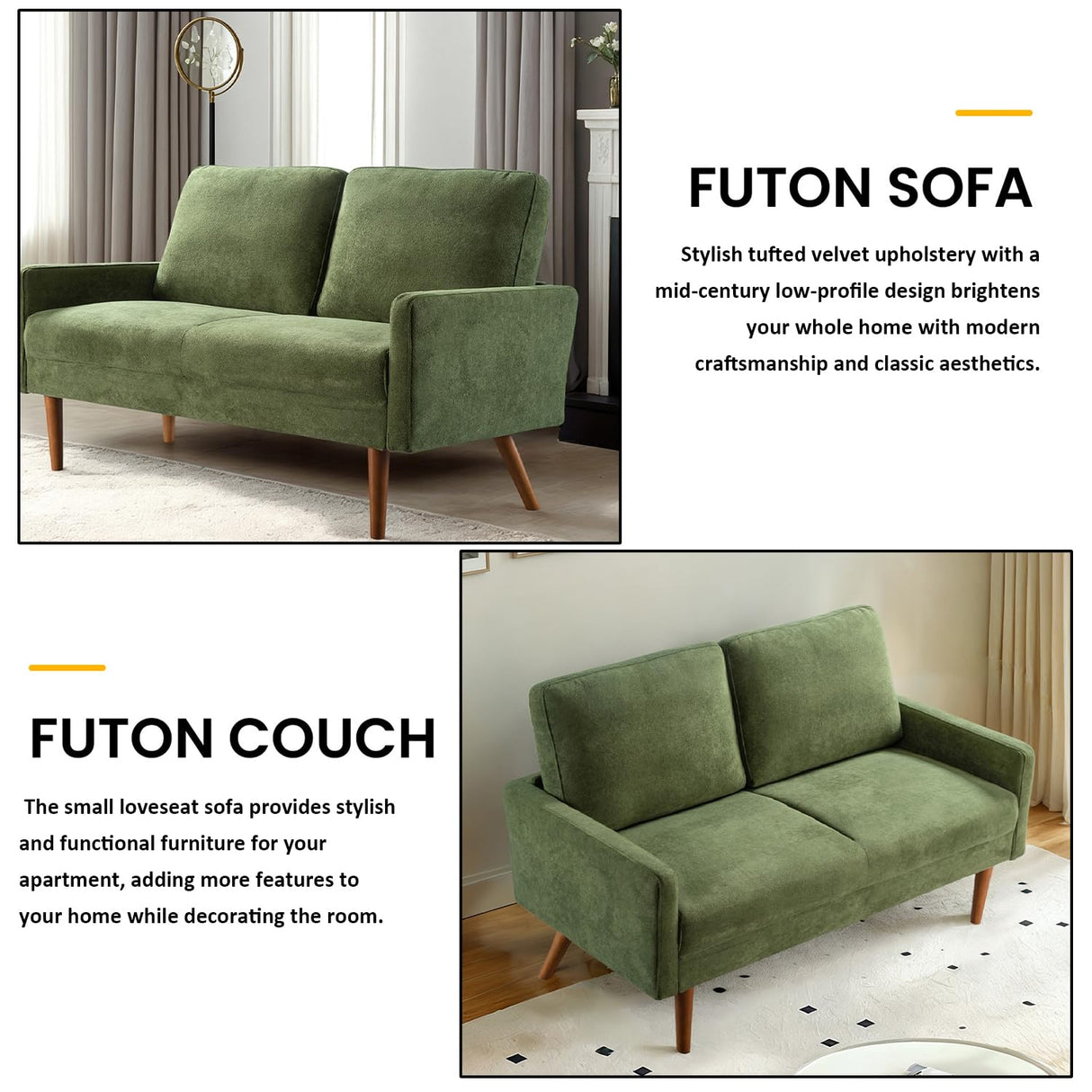 Majnesvon 56" Velvet Love seat Sofa,Modern Style Futon Couches for Living Room,Small Loveseat for Small Spaces,2 Seater Couch with Upholstered Seat,Chic Living Room Furniture Seating for Home (Green) Majnesvon