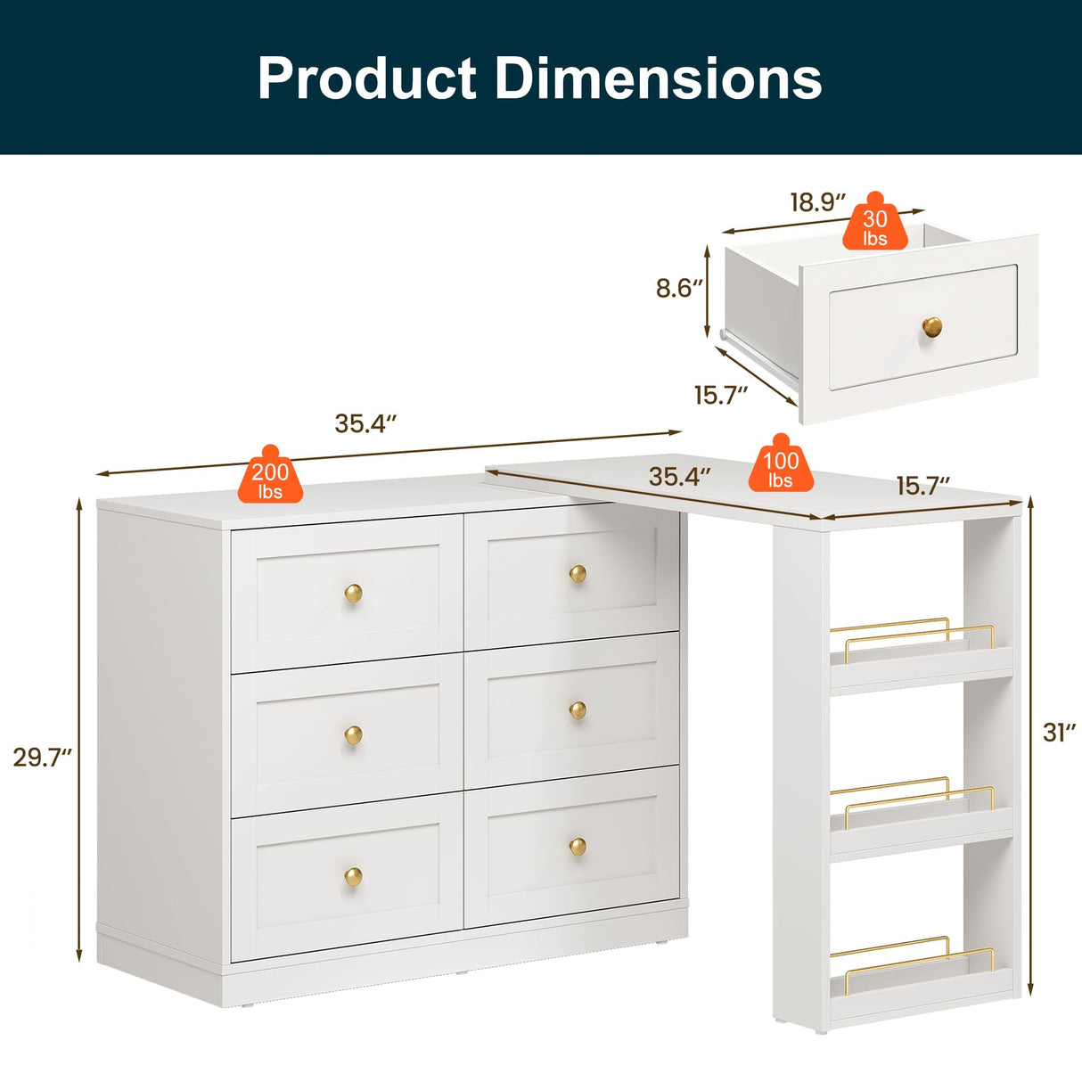 RoyalCraft Vanity Desk and Dresser Combo, 67" Extendable Makeup Vanity Table with Drawers and 3 Side Shelves, Wood Dressing Table for Bedroom, Dressing Room, White RoyalCraft