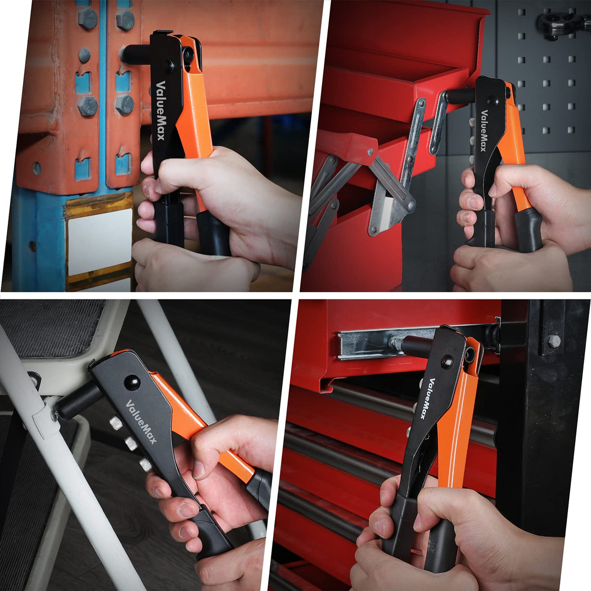 ValueMax 4-in-1 Hand Riveter/Rivet Gun, Pop Rivet Tool Kit with 200 Rivets - 3/32-inch, 1/8-inch, 5/32-inch, 3/16-inch, 4 Interchangeable Nosepieces, Suitable for Metal ValueMax