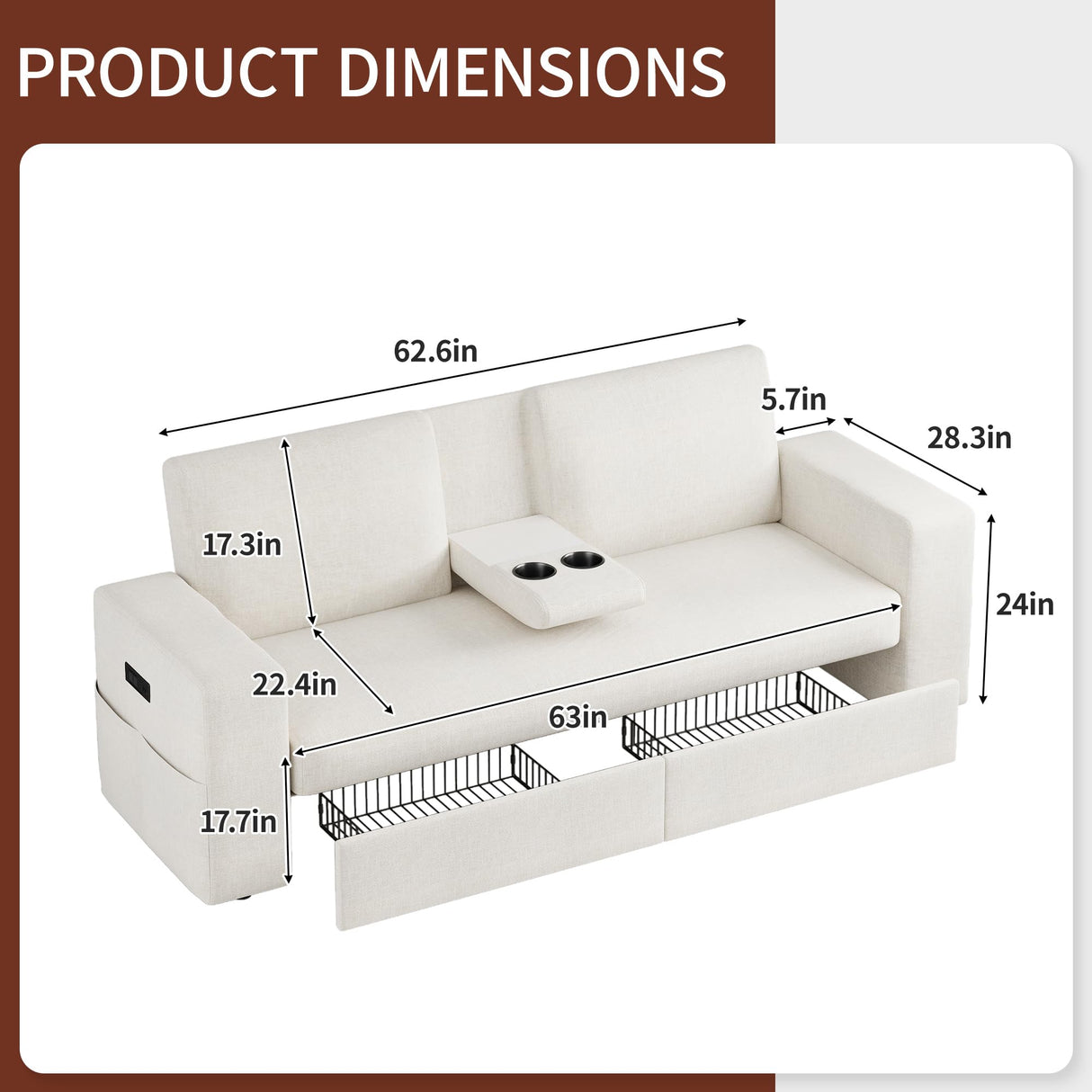 Maupvit 75” Loveseat Sofa with 2 Drawers, USB & Type-C Charging Port, Comfortable Linen Living Room Couch with Small Table Board, Upholstered Small Settee Fits Bedroom, Office,Beige Maupvit