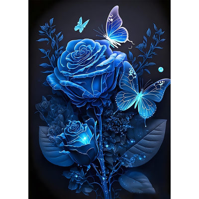 MOGTAA Blue Rose Diamond Art Kits for Adults, Glowing Butterfly Diamond Painting Kits for Beginners, DIY 5D Diamond Dots Kits Flowers Gem Painting for Home Wall Art Decor 12x16 inch