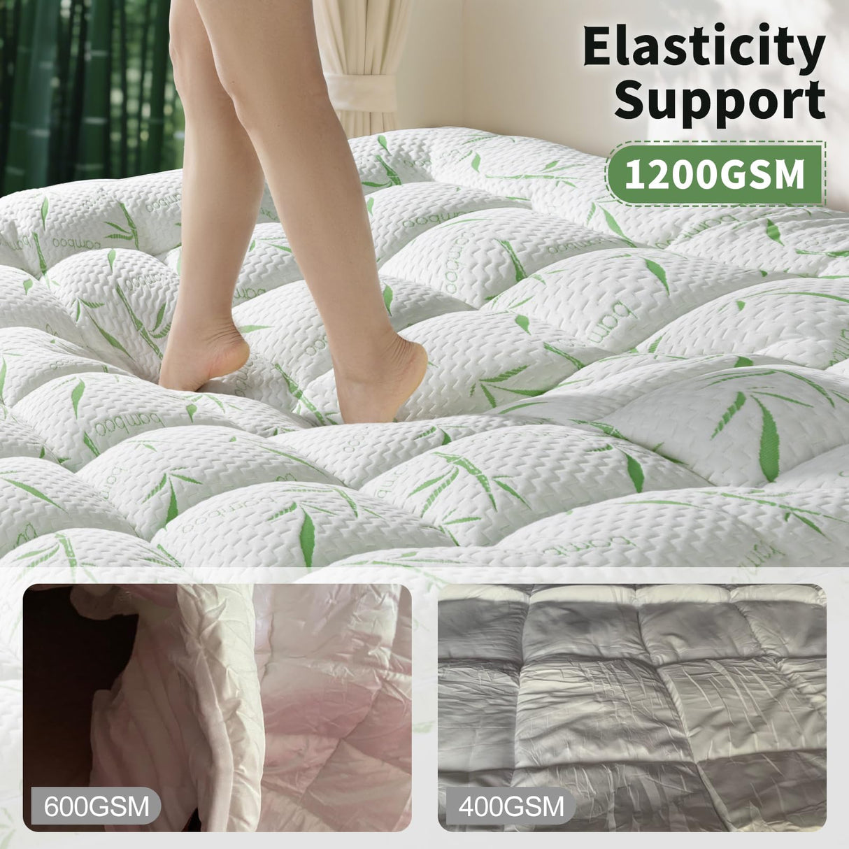 Jov5tic Mattress Topper Queen Size - 1200GSM 3D+7D Down Alternative Fill, Viscose Made from Bamboo Cover, Extra Plush for Back Pain, 8"-18" Deep Pocket(Queen,60"x80") jov5tic