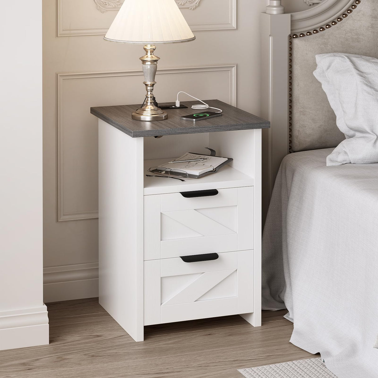 AURINEST Farmhouse Night Stand Set of 2 with Charger Station, Bed Side Table with 2 Drawers and Storage Shelf, Rustic End Table for Bedroom, Living Room, Small Spaces, White AURINEST