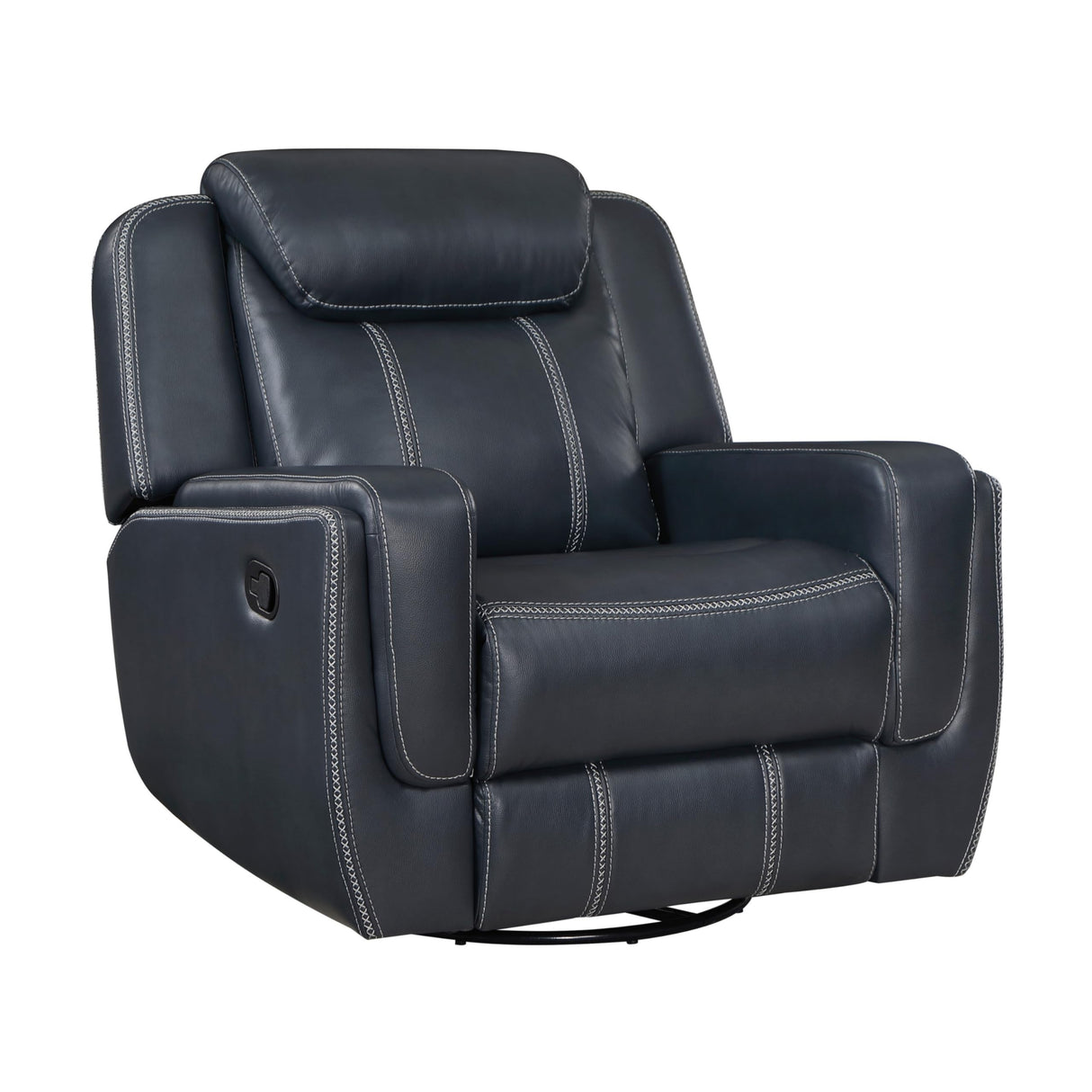 Benjara Louise 40 Inch Swivel Glider Manual Recliner Chair, Blue Faux Leather Benzara