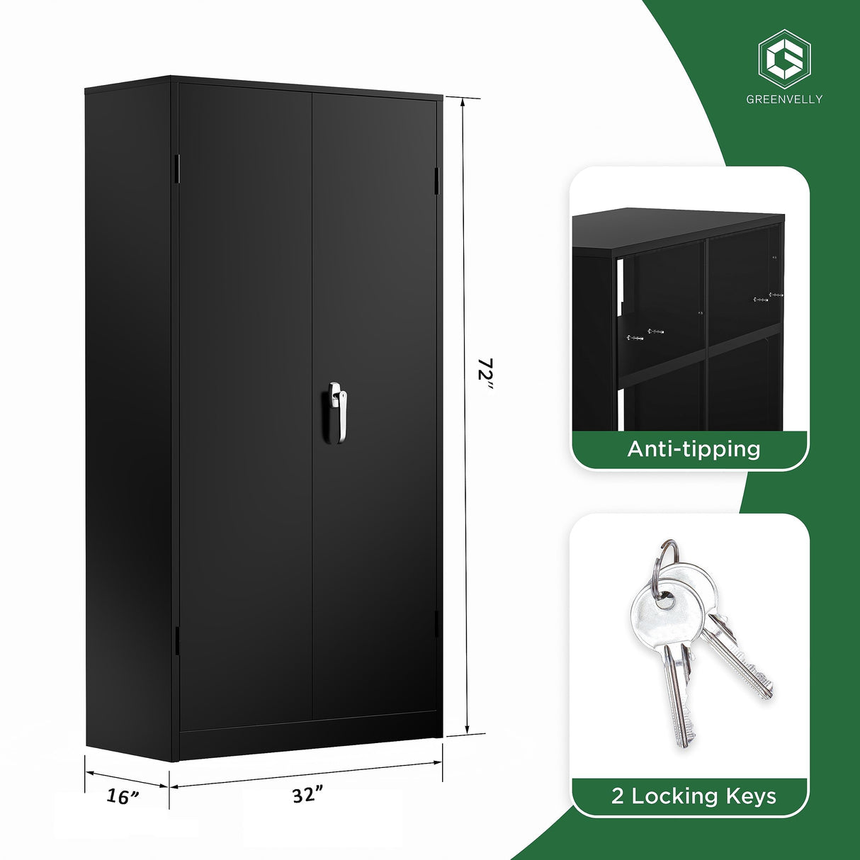 Greenvelly Metal Garage Storage Cabinet with Doors and Adjustable Shelves,72" Black Steel Lockable File Cabinet, Metal Tool Cabinets,Locking for Home Office,Garage,School(16" D x 32" W) Greenvelly