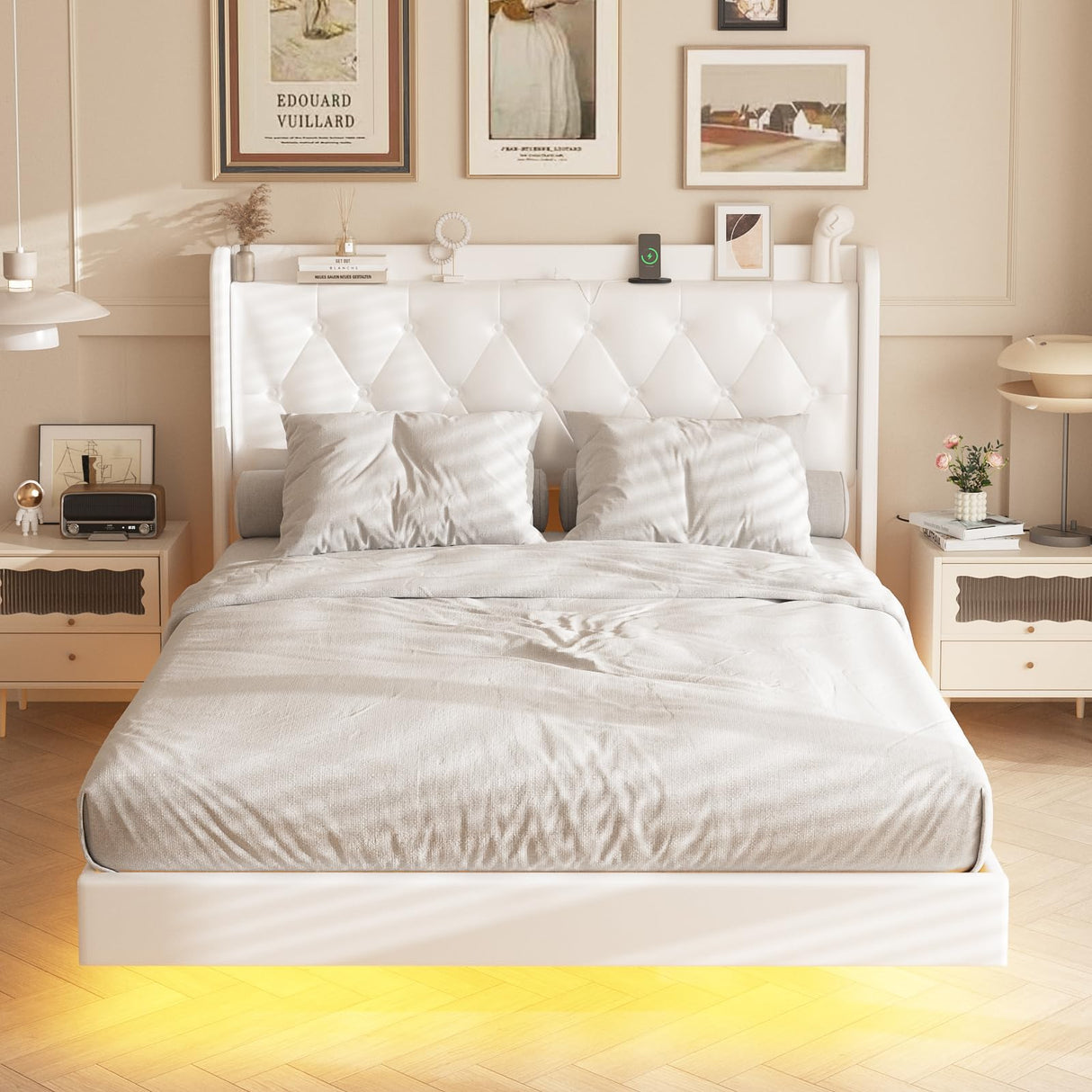 Halitaa White PU Leather Floating Bed Frame with Adjustable RGB LED Lights & Charging Station Halitaa