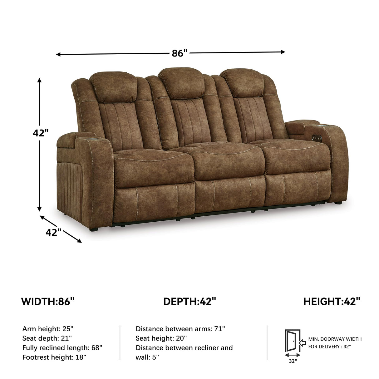 Signature Design by Ashley Wolfridge Contemporary Faux Leather Power Reclining Sofa with Drop Down Table, LED Lights, Electrical Outlet, Wireless Charging, USB Ports and Cup Holders, Light Brown Signature Design by Ashley