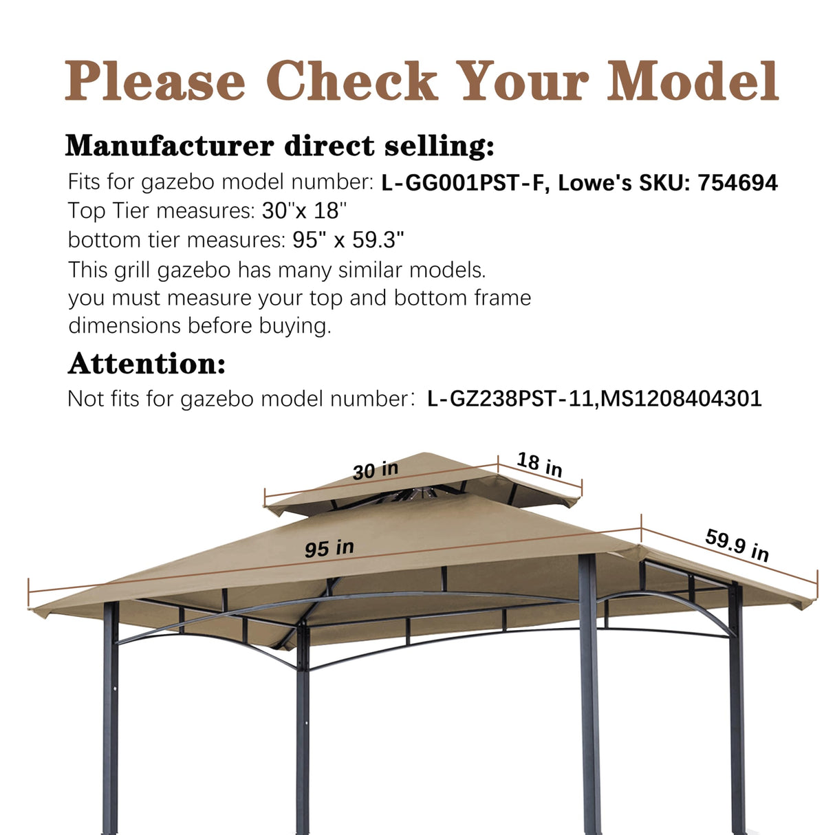SCOCANOPY 8x5FT Replacement Canopy Grill BBQ Gazebo Roof Top, for Gazebo Model L-GG001PST-F,(Khaki) SCOCANOPY