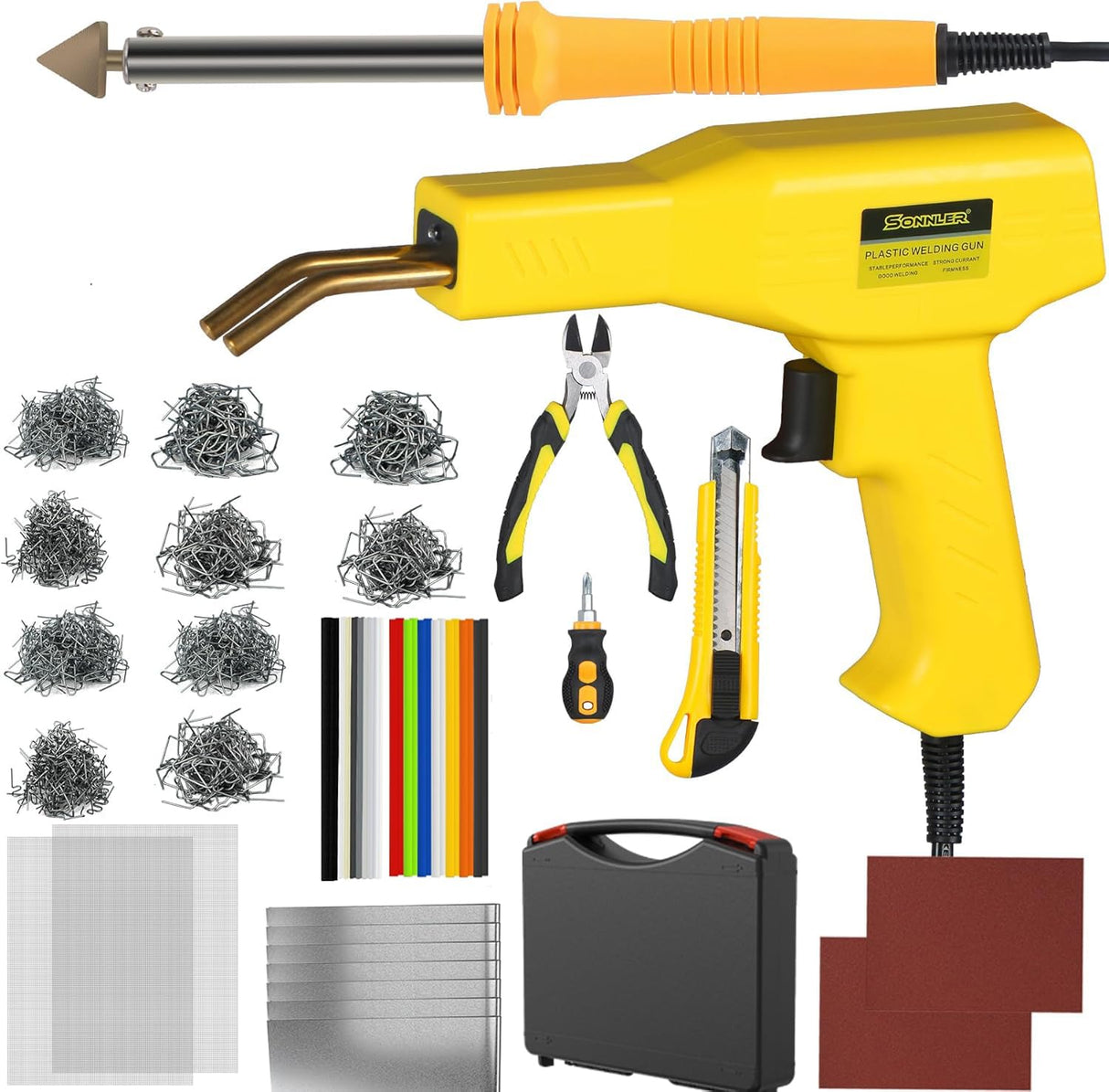 Plastic Welder, 2 in 1 Plastic Welding Kit, SONNLER 1000PCS Hot Stapler Plastic Repair Kit For Car Bumper Crack Repair with Plastic Iron Plastic Rods, Metal Mesh, Abrasive Paper, Aluminum Tape SONNLER