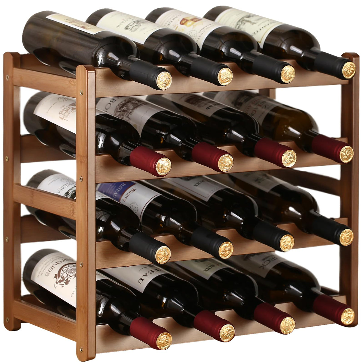 WUTALOTAT Wine Rack Storage,Bamboo Wine Racks Cabinet Shelf,4-Tier 16 Bottles Freestanding Wine Bottle Holder for Basement,Kitchen,Countertop WUTALOTAT