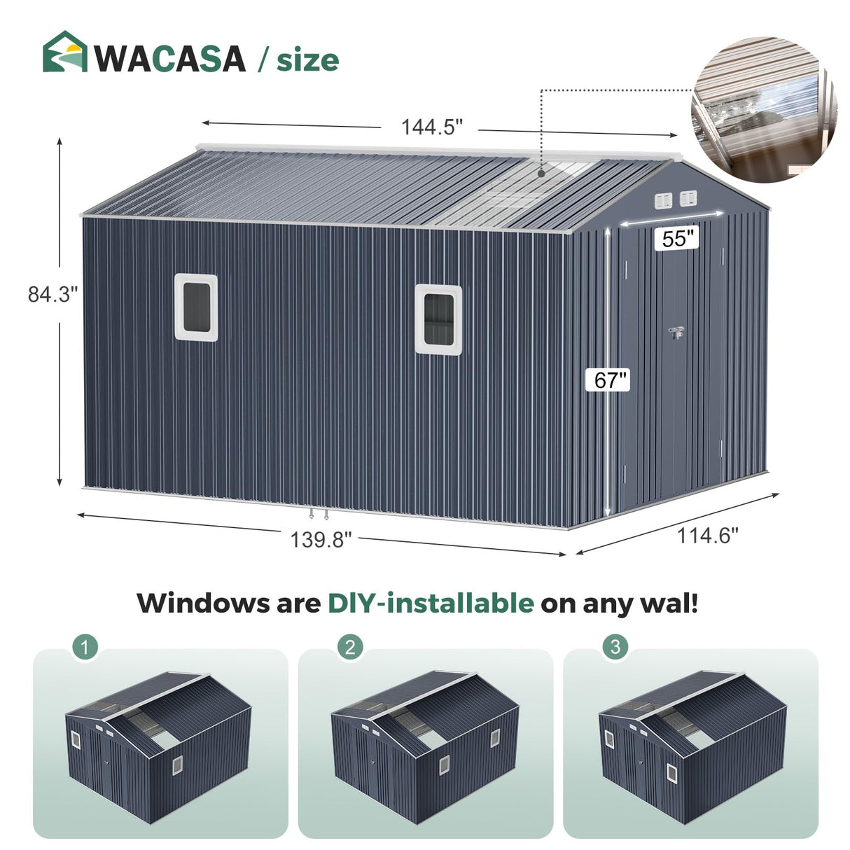 Metal Shed 10x12 Reinforced Sheds Outdoor Storage, Natural Lighting Tool Sheds with Translucent Roof Panels, Windows, and Lockable Doors, Ideal for Garden, Backyard, and Patio WACASA