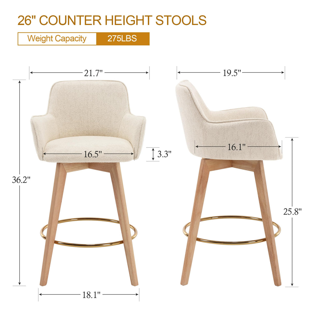 ONEVOG Modern 26" Counter Height Bar Stools Set of 4, Swivel Kitchen Island Tall Chairs with Back, Arm, Footrest and Solid Wood Legs, Linen Fabric Upholstered Farmhouse Barstools for Countertop, Beige ONEVOG