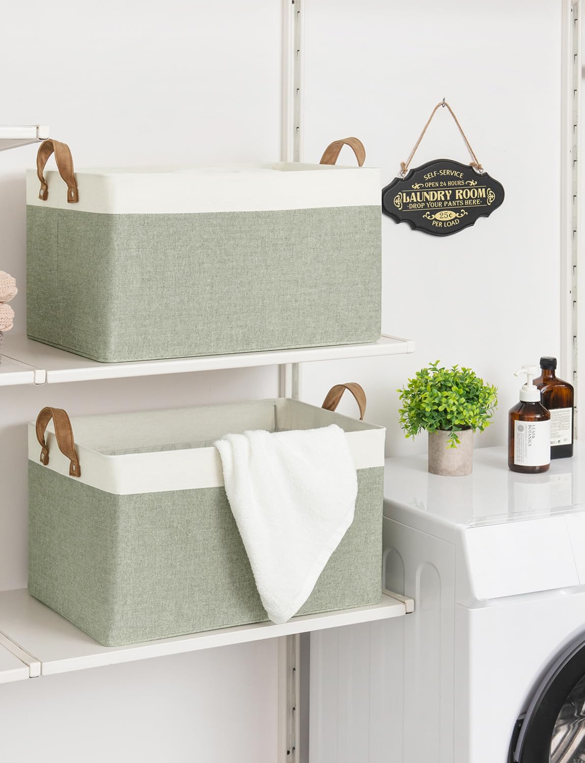 StorageWorks Storage Bins, Shelves Baskets for Organizing, 45L Extra Large Fabric Closet Organizers with Handles, Metal Frame, Green and White, 2-Pack StorageWorks