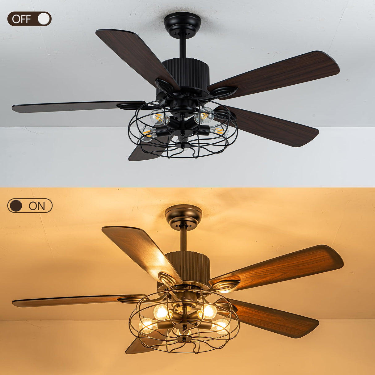 Curve Curio 52 Inch Farmhouse Ceiling Fan with Light Black Rustic Ceiling Fan Quiet and Reversible DC Motor Caged Chandelier Fan for Living Room Bedroom Patio Curve Curio