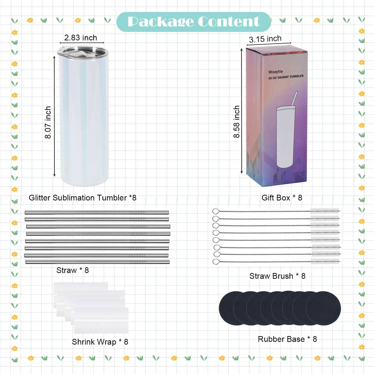 Wzaytia Glitter Sublimation Tumblers 20 Oz Skinny Straight, 8 Pack Sublimation Glitter Shimmer Tumbler Blanks, Individually Boxed Stainless Steel Glitter Tumblers, White Wzaytia