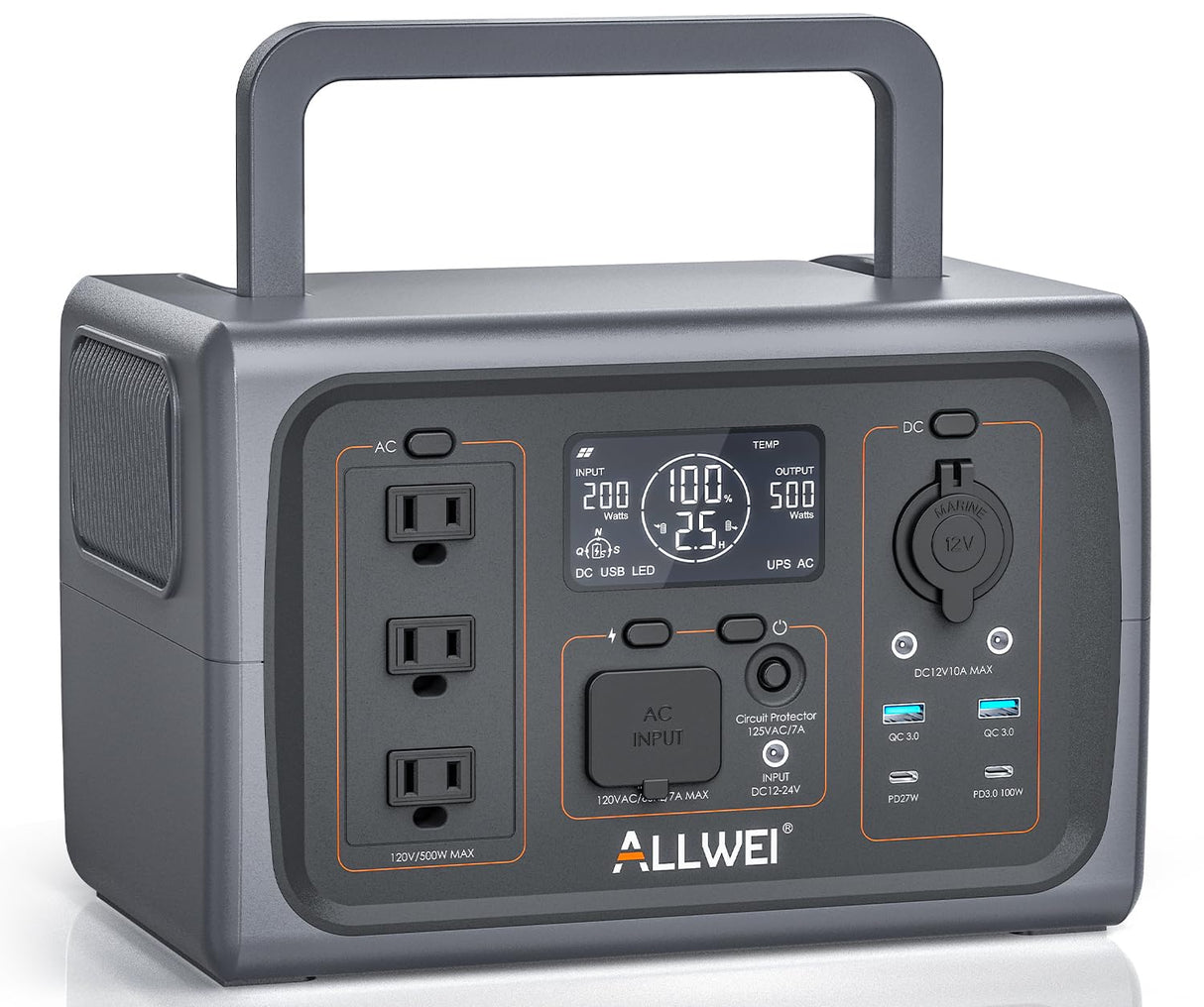 ALLWEI Portable Power Station 500W, 512Wh LiFePO4 Battery, UPS Function, 2.5Hrs Fast Charge, 3 AC Outlets(Surge 1000W), Solar Generator for Outdoor Camping RV CPAP Home Emergency ALLWEI