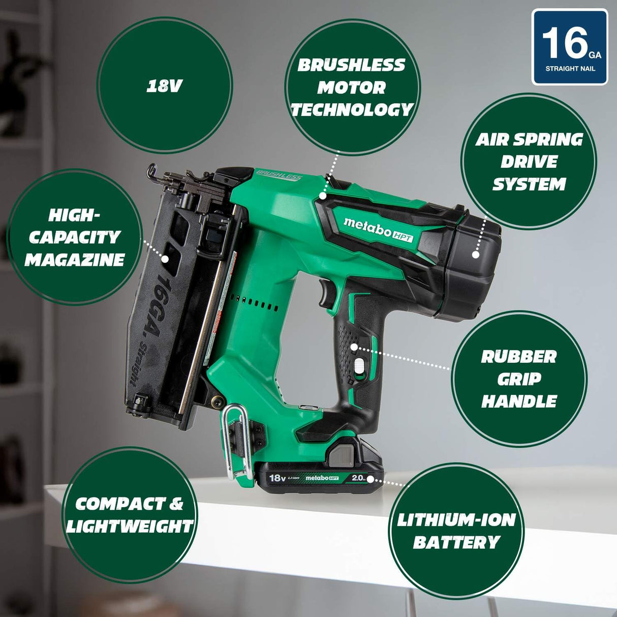 Metabo HPT 18V MultiVolt™ Straight Cordless Finish Nailer Kit, 16 Gauge Finish Nailer, (1) 18V 2.0Ah Lithium Ion Battery w/Fuel Gauge, Accepts Finish Nails, Lifetime Power Tool Warranty, NT1865DMST Metabo HPT