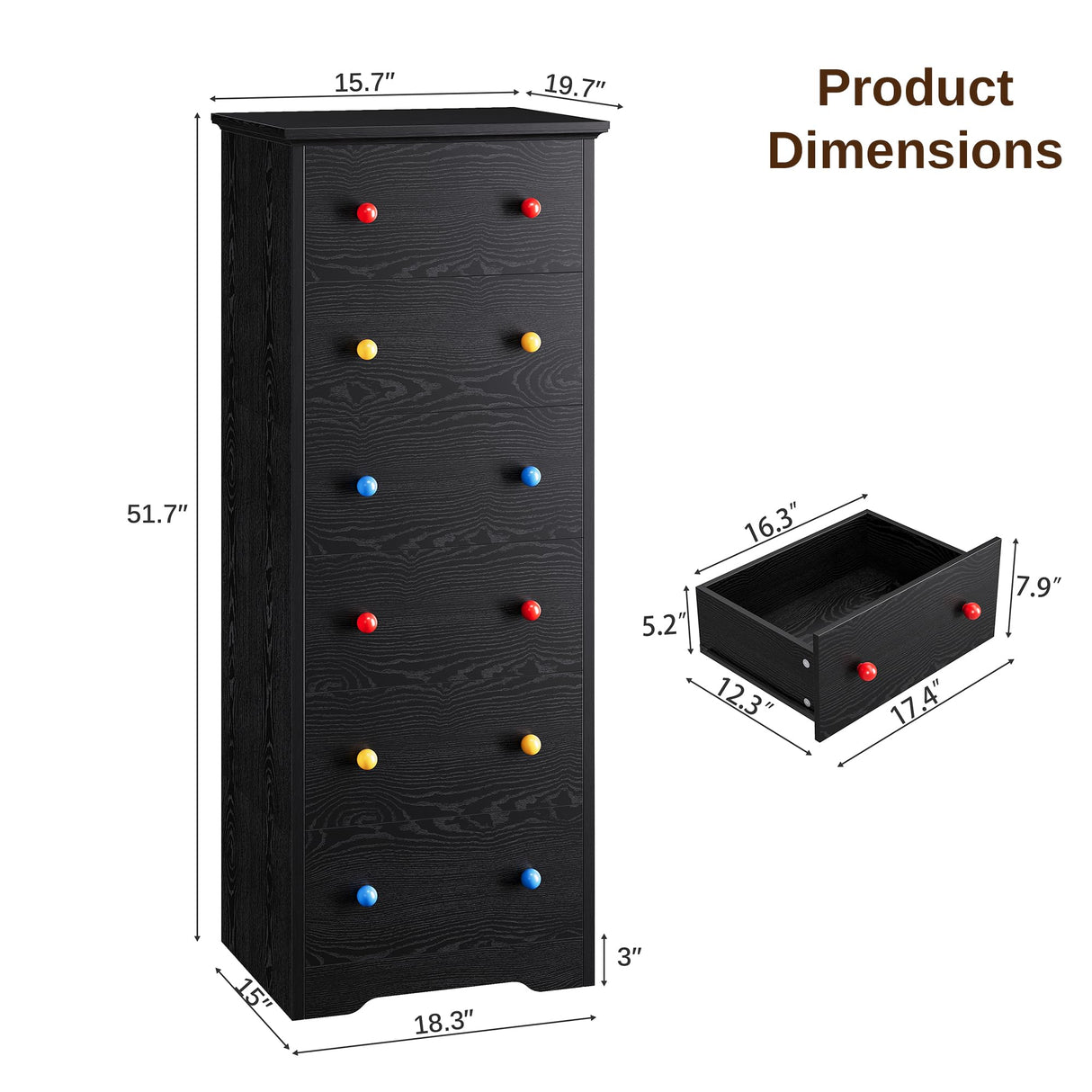 LIKIMIO Tall Skinny Dresser, 6 Drawer Dresser Tall with Colorful Handles, Chest of Drawers for Bedroom, 51.5" H Modern Wooden Storage Cabinet with Metal Sliding Rail, Black LIKIMIO